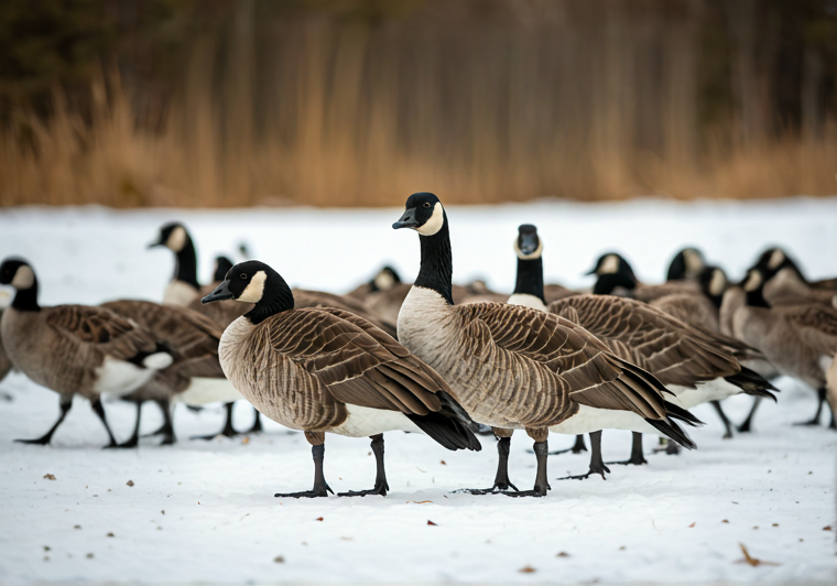 A group of Canada geese on a snowy field