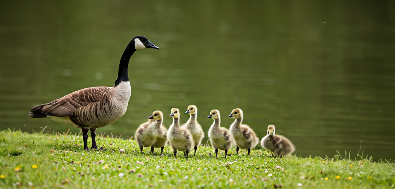 a canada goose with a group of goslings in front of a pond
